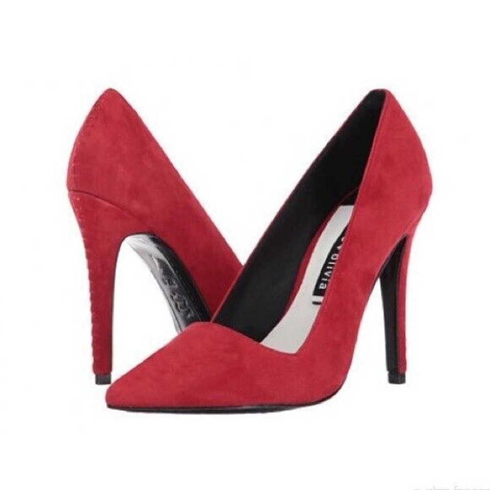 Alice & Olivia Dina Ruby Prime Suede Pump 4" Slim Heel Point Toe Red 37.…